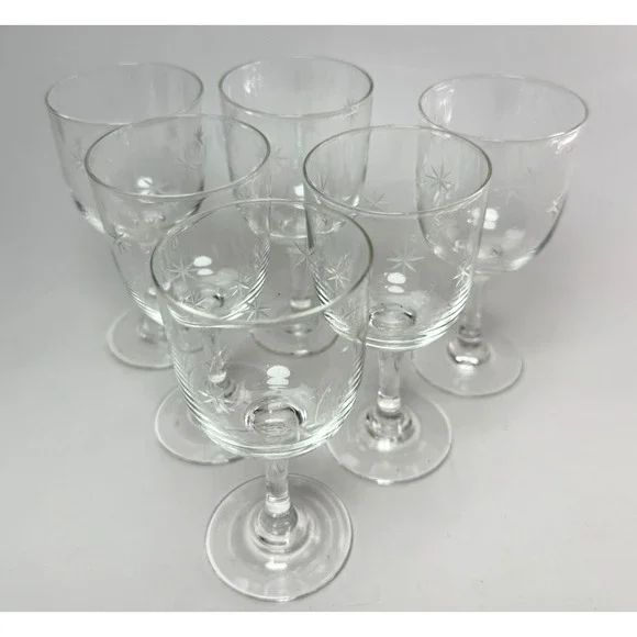 6 Vintage MCM Atomic Small Wine Cordial Glasses Star Dust C G Quartzex Crystal - Picture 2 of 4